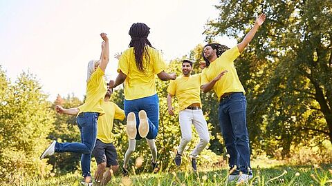 Groep jongeren dansend in het gras