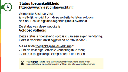 Toegankelijkheidslabel voor de website van VIA Stichtse Vecht. De website heeft de status "Voldoet gedeeltelijk" en scoort een A-label (groen).